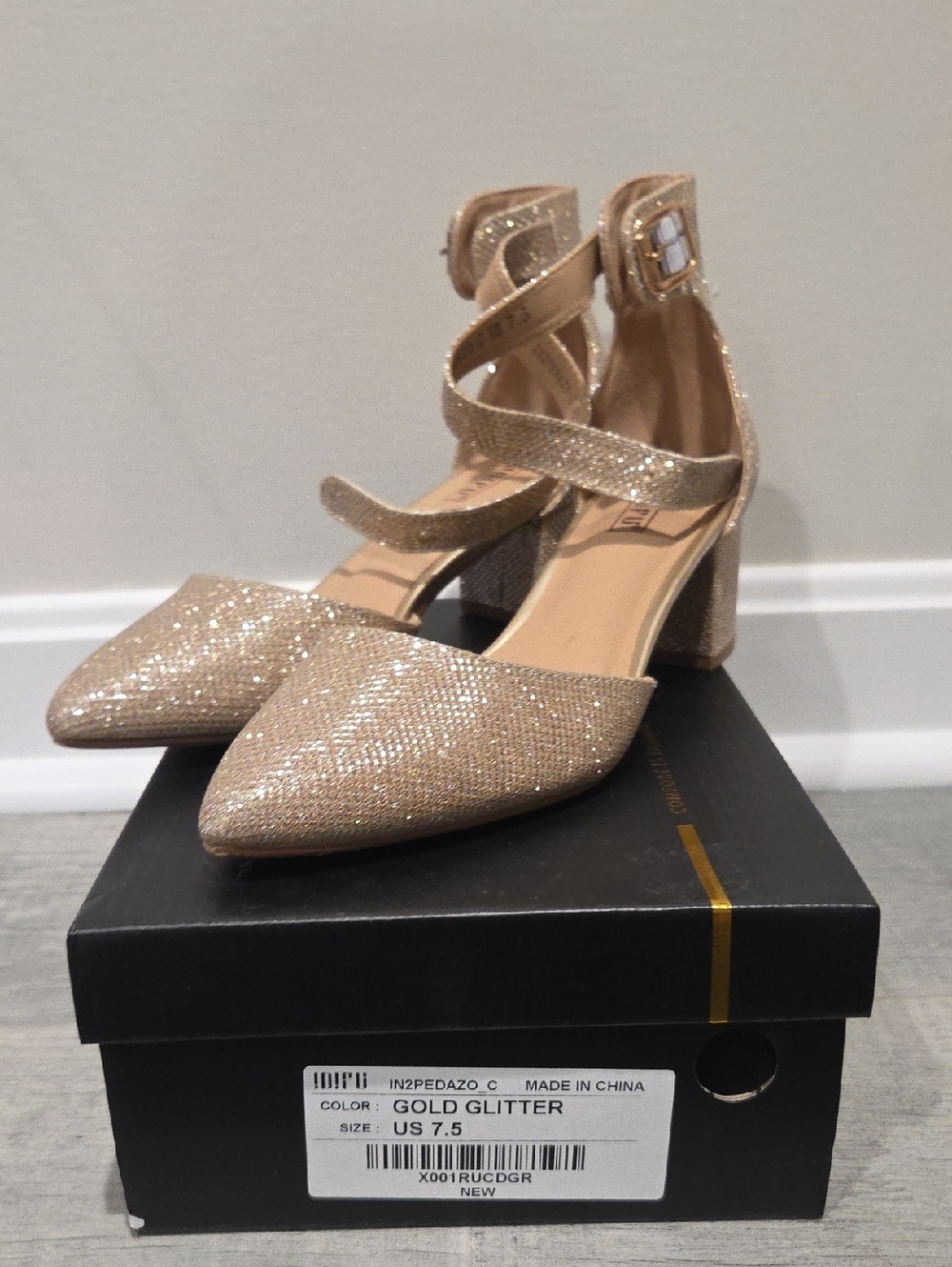 IDIFU Gold Glitter Pointed Toe Block Heel with Ankle Strap